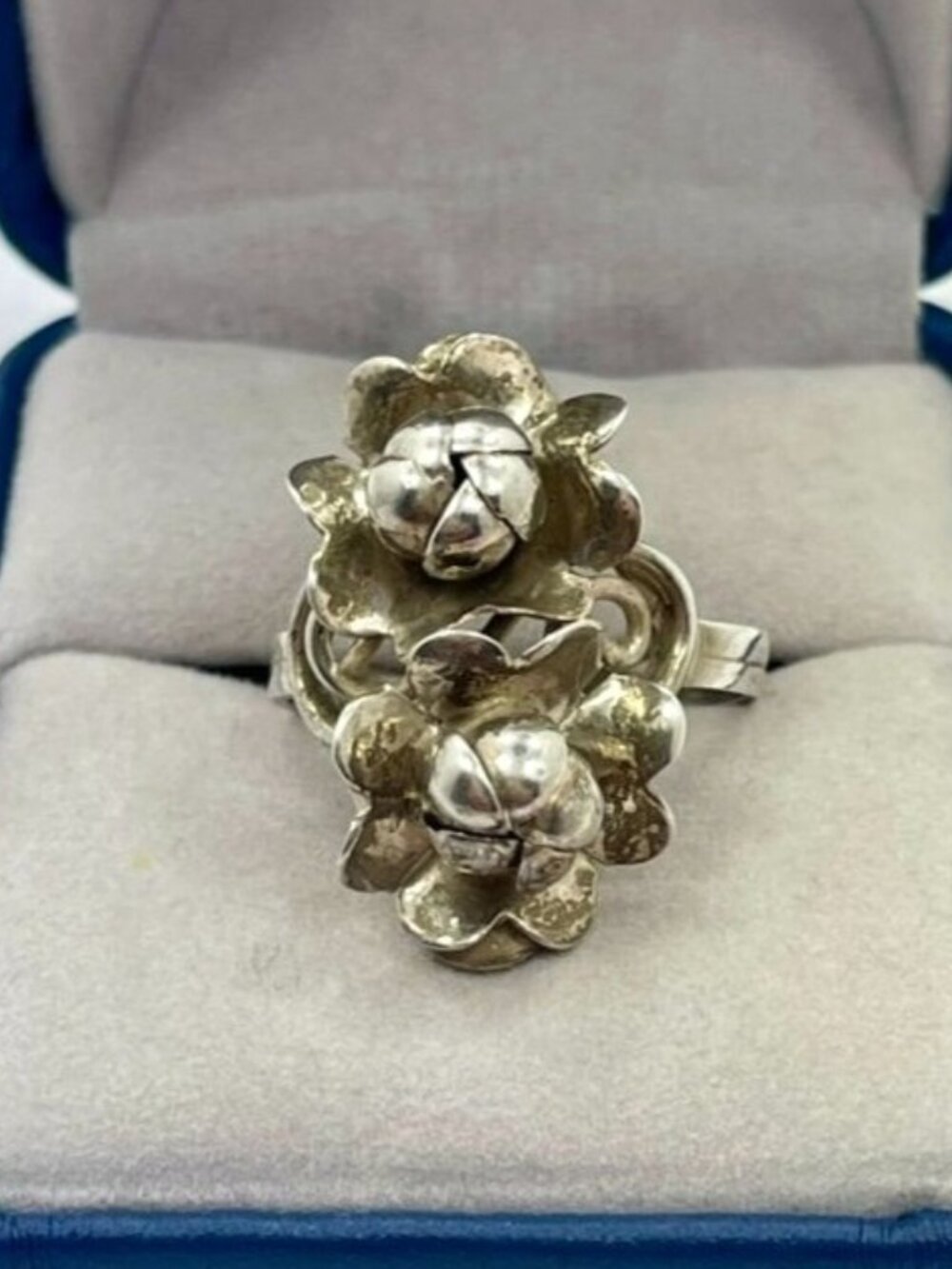 Vintage Mid-Century Sterling Silver Double Flower Ring, Adjustable Floral Statem